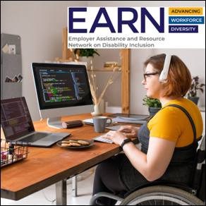 A person in a wheelchair working on a computer at home. EARN logo. 
										
